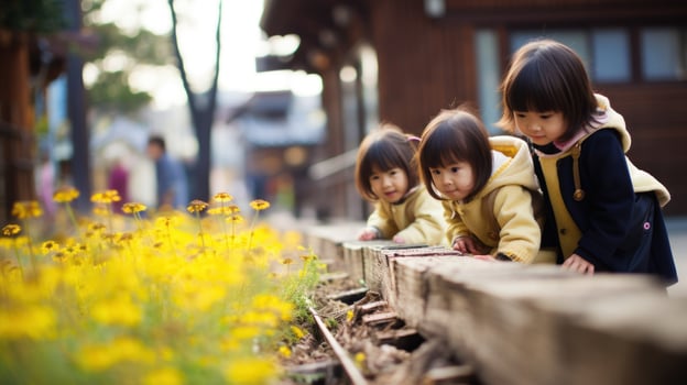 A little asian girls carefully tending to her plants.. Generative AI photo