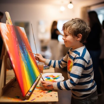 Boy painting a rainbow on a canvas photo