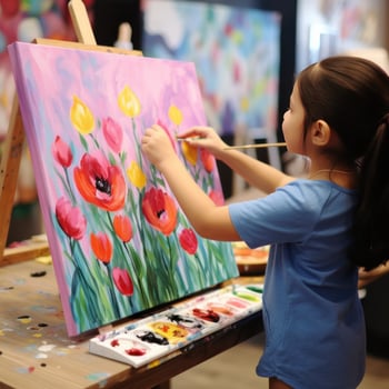 Little girl painting a flower with acrylics photo