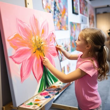 Little girl painting a flower with acrylics photo