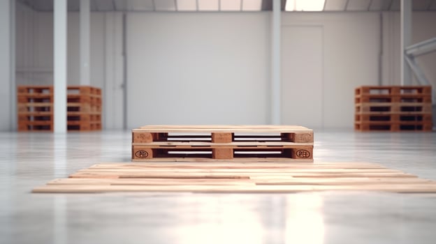 A large warehouse with wooden pallets on the floor photo