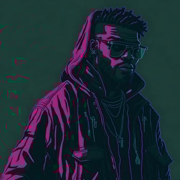 Illustration of a black rapper in a purple and green duotone style, ai generative photo