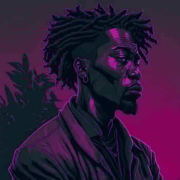 Illustration of a black rapper in a purple and green duotone style, ai generative photo