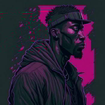 Illustration of a black rapper in a purple and green duotone style, ai generative photo