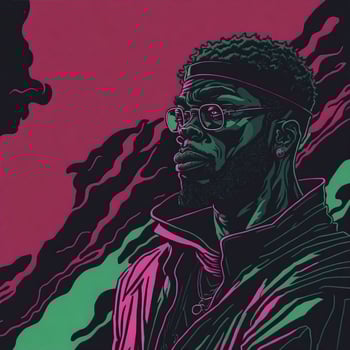 Illustration of a black rapper in a purple and green duotone style, ai generative photo