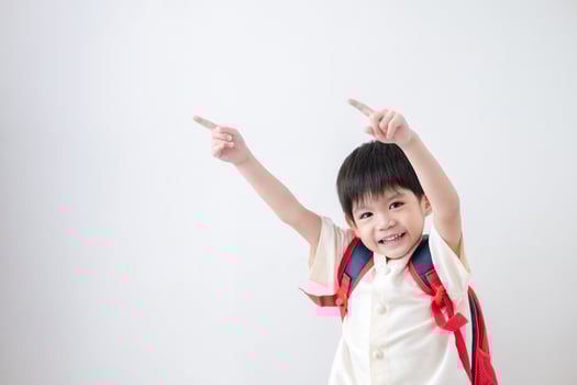 Asian boy Wearing traditional Thai clothing, standing with index finger upwards. on a white background photo