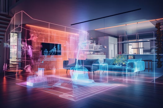 Interior of modern living room with white walls, wooden floor, black sofa and armchair standing near window with cityscape. Beautiful modern house interior with digital hologram effect, AI Generated photo