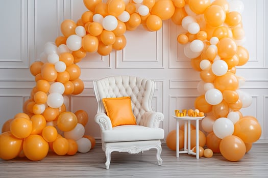White armchair with orange and white balloons in the interior of the room, Beautiful decoration armchair and balloons for a baby shower party, AI Generated photo