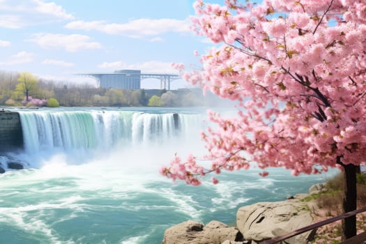Niagara Falls with pink cherry blossoms in spring, Ontario, Canada, Beautiful Spring Views of Niagara Falls, AI Generated photo