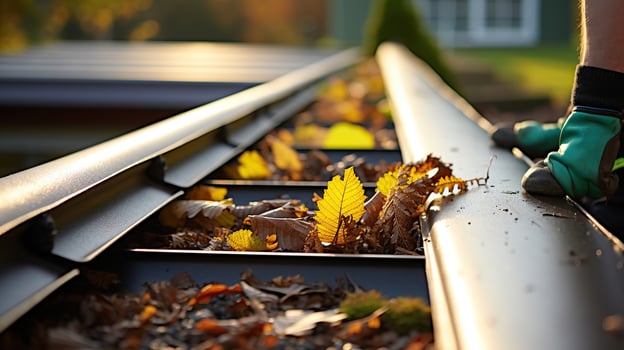 Clearing Clogged Gutters to Safeguard Against Water Damage. enerative AI photo