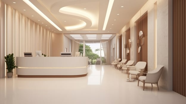 Spa or beauty clinic reception. Luxury elegance lobby or front desk interior design with registration counter, waiting seats, corridor, luxury ceiling with lights and decor. Generative AI photo