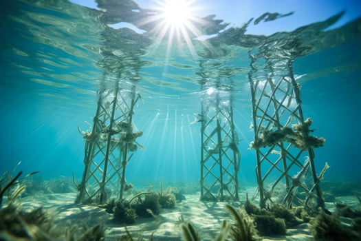 An underwater shot of 3D printed structures aiding the regrowth of seagrass capturing hope for marine restoration photo