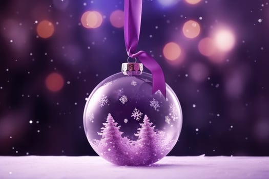 Purple glass christmas ball hanging on ribbons. Home christmas decoration. AI Generative photo
