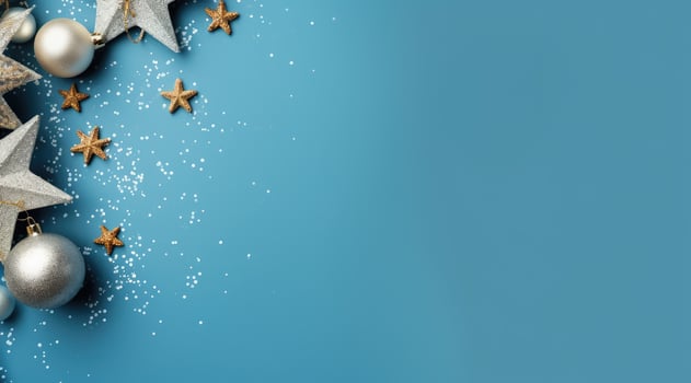 Christmas blue background with Christmas ornaments. Silver balls and stars, copy space. Generative AI photo
