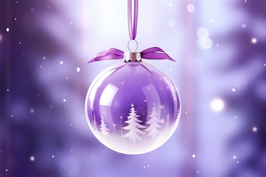Purple glass christmas ball hanging on ribbons. Home christmas decoration photo