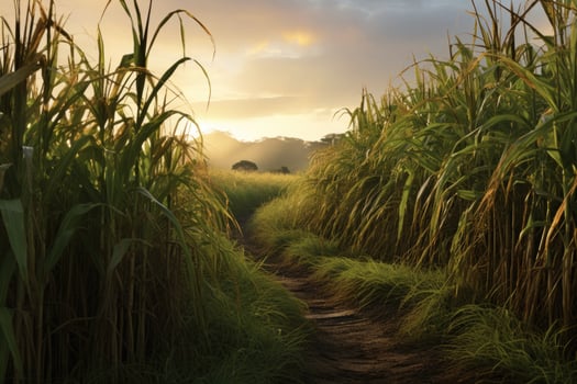 Sugar cane stalks on plantation at morning dawn photo