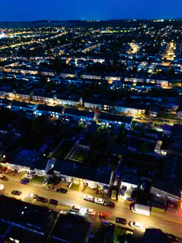 Aerial View of Illuminated Residential District of Luton City of England photo