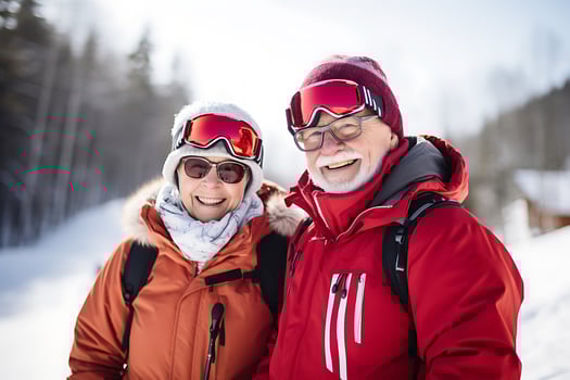 AI Generative. An elderly couple poses on a snowy slope in ski equipment. Horizontal photo