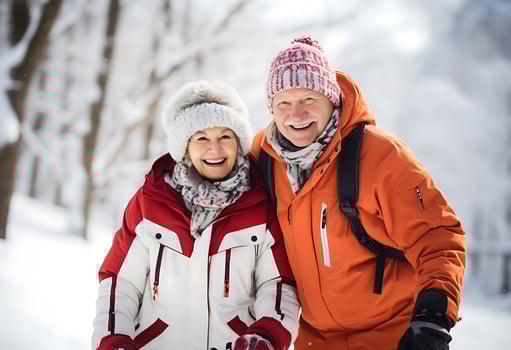 AI Generative. An elderly couple poses in a snowy forest in ski equipment. Horizontal photo