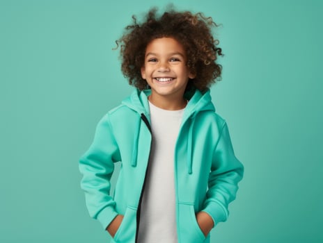 Happy European kid in casual clothing against a neutral background AI Generative photo