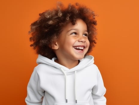 Happy European kid in casual clothing against a neutral background AI Generative photo