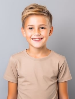 Happy European kid in casual clothing against a neutral background AI Generative photo