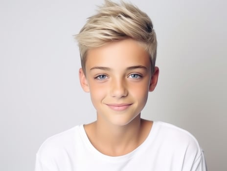 Happy European kid in casual clothing against a neutral background AI Generative photo