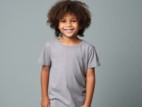 Happy European kid in casual clothing against a neutral background AI Generative photo