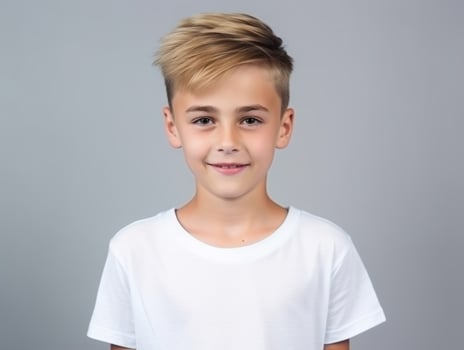 Happy European kid in casual clothing against a neutral background AI Generative photo