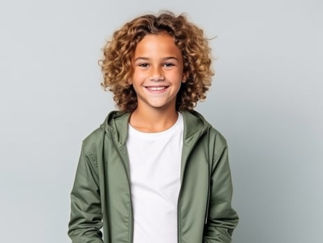 Happy European kid in casual clothing against a neutral background AI Generative photo