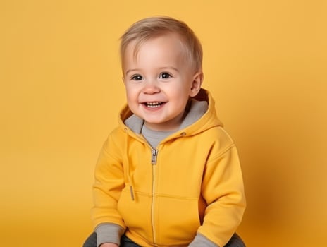 Happy European kid in casual clothing against a neutral background AI Generative photo