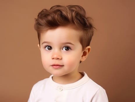 Happy European kid in casual clothing against a neutral background AI Generative photo