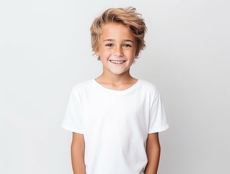 Happy European kid in casual clothing against a neutral background AI Generative photo