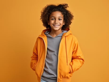 Happy European kid in casual clothing against a neutral background AI Generative photo