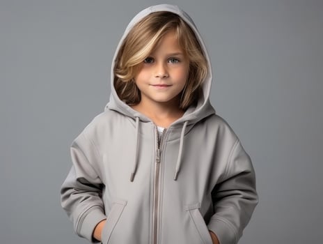 Happy European kid in casual clothing against a neutral background AI Generative photo