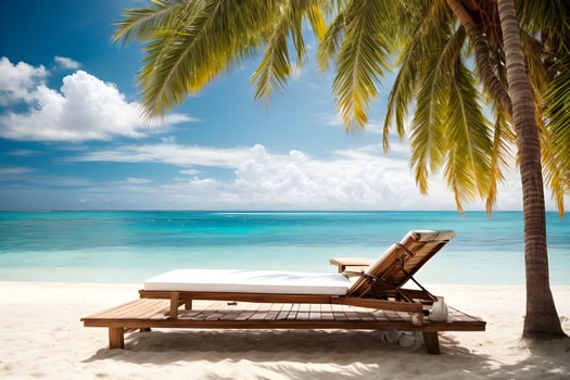 Vacation holiday recreation on beach concept background wallpaper. Beach lounger on sand beach. AI Generated. photo