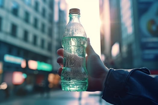 A dynamic shot of a person holding a bottle of mineral water against a backdrop of an active urban environment, symbolizing hydration on the go. Generative AI photo