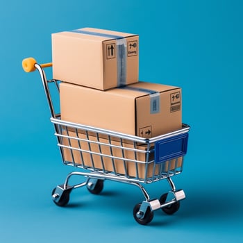 Composition of shopping cart or trolley with gift boxes or bags. Cyber monday sales or shopping day concept by AI Generated photo