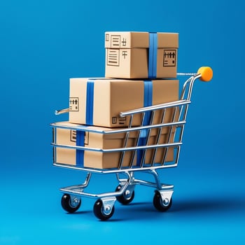 Composition of shopping cart or trolley with gift boxes or bags. Cyber monday sales or shopping day concept by AI Generated photo
