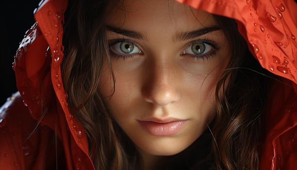 Smiling woman, wet hair, raindrop, beauty in nature, looking at camera generated by AI photo
