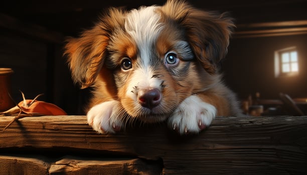 Cute puppy sitting on wood, looking at camera, fluffy fur generated by AI photo