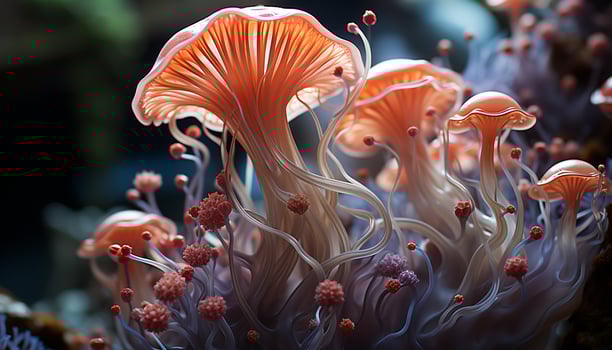 Macro underwater illustration of multi colored organic microorganisms in nature generated by AI photo