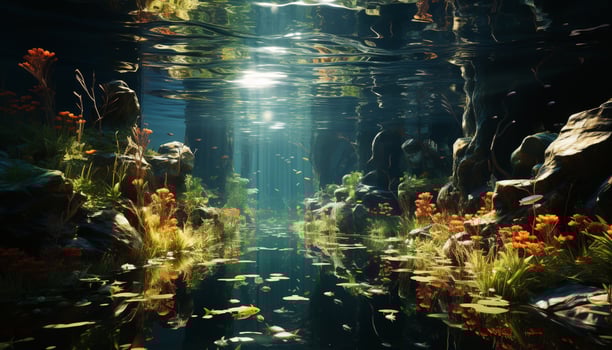 Vibrant underwater landscape showcases multi colored fish in a tropical reef generated by AI photo