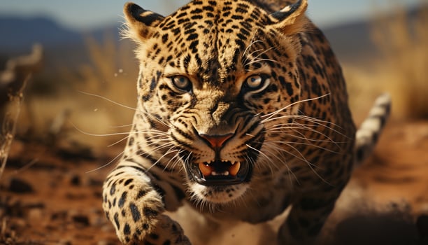 Majestic tiger walking, staring fiercely, teeth bared, in tropical rainforest generated by AI photo