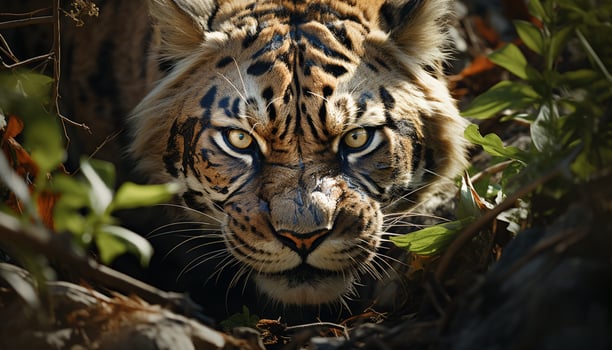 Majestic Bengal tiger staring, wild beauty in nature, close up portrait generated by AI photo