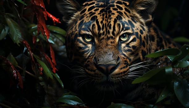 Majestic Bengal tiger staring, wild beauty in nature, striped fur generated by AI photo