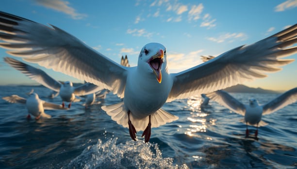Seagull flying in the blue sky, spreading its wings in mid air generated by AI photo