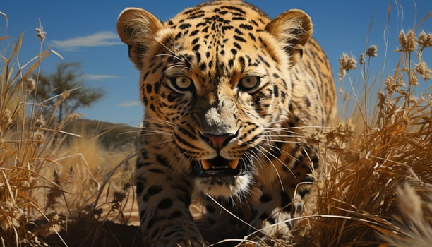 Majestic tiger staring, striped beauty in nature, wildcat hiding, tranquil generated by AI photo