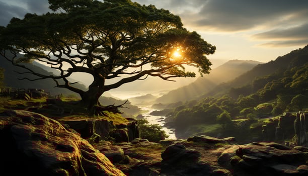 Tranquil scene nature beauty in a sunset over the mountains generated by AI photo