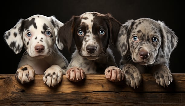 Cute puppy sitting, looking at camera, surrounded by furry friends generated by AI photo